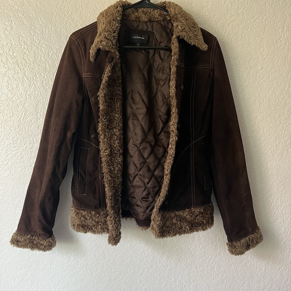 Vintage 90s Y2K Leather Jacket Brown Faux Fur Medium Dark Academia Whimsigoth - Picture 5 of 9